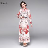 Designer Sashes Vintage Dress Womens Long Lantern Sleeve Floral Print Single Breasted Mid Calf Shirt Party Vestid