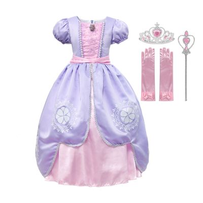 MUABABY Girls Sofia Dress Up Children Short Sleeve Deluxe Sophia Princess Costume Kids Halloween Fancy Party Gown