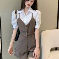 2021 Summer Elegant Women Short Sleeve Vest Fake Two-Piece Top + High-Waisted Wide-Leg Pants Shorts Sets