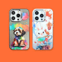 เคสโทรศัพท์กระต่ายสุนัขกราฟฟิตีแบบหลากสีน่ารักสำหรับ IPhone 11 12 13 14 Pro เคสฝาหลังเงินชุบเคลือบด้วยไฟฟ้า