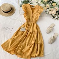 COD DSTGRTYTRUYUY Women Elegant Dress New 2021 Summer Sleeveless Sexy V Neck Casual Dresses Ladies Slim A-line Beach Party Dress