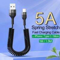 [สุดฮอต A] สายชาร์จสำหรับรถยนต์สปริง5A USB Type C เร็ว Xiaomi Samsung Realme Huawei ชาร์จอุปกรณ์เสริมโทรศัพท์สำหรับ iPhone 2.4A