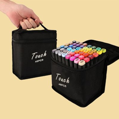 24/48/60/80 Color Oily Double-headed Marker Pen Set Student Washable Watercolor Brush Portable Cloth Bag Art Painting Supplies
