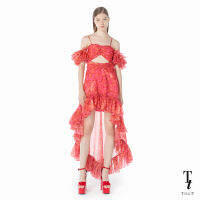 TandT - "RAVIOLI" Roma Heartbeat Printed Ruffle Trimmed High-Low Dress เดรสสายเดี่ยวหน้าสั้นหลังยาว เข้ารูป พิมพ์ลายฮาร์ทบีท