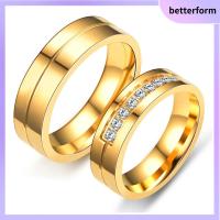 BETTERFORM แฟชั่น ลูกบาศก์เซอร์โคเนีย เลิฟ สีทองเงิน สแตนเลสสตีล แหวนคู่รัก ชุบทอง18K แหวนวงแต่งงาน