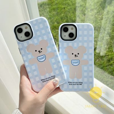 For เคสไอโฟน 14 Pro Max [Detachable Two-piece Bear Simple Grids] เคส Phone Case For iPhone 14 Pro Max Plus 13 12 11 For เคสไอโฟน11 Ins Korean Style Retro Classic Couple Shockproof Protective TPU Cover Shell