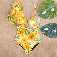 2022 New Arrival Ruffle Swimwear Single Shoulder Swimsuit Women Floral Printed Tropical Summer Beach Bathing Suit