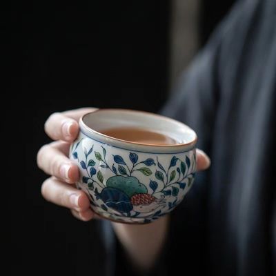 【High-end cups】เถาวินเทจดอกไม้ถ้วยชาเซรามิกถ้วยกาแฟโบราณที่สวยงามทับทิมถ้วยน้ำชา T Eaware ถ้วยชา