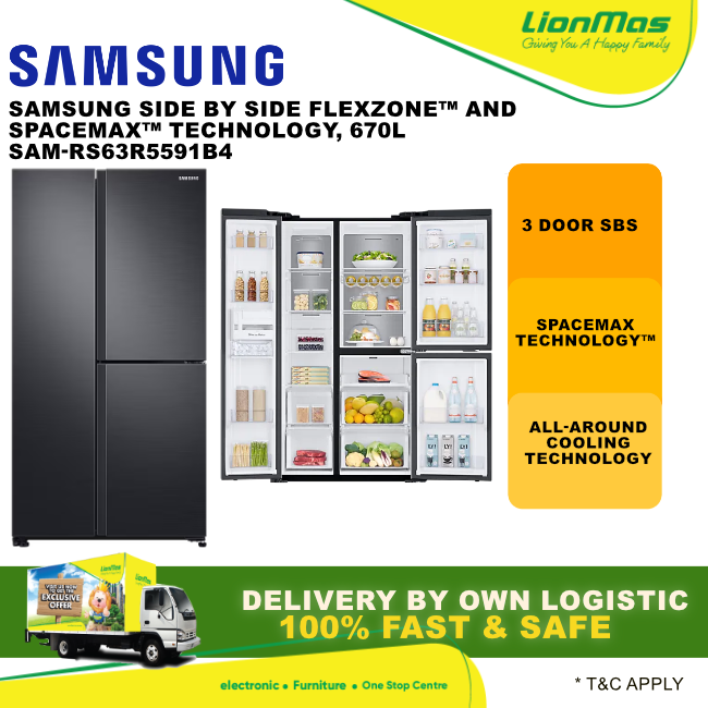 SAMSUNG SIDE BY SIDE FRIDGE WITH FlexZone™ AND SpaceMax™ Technology, 670L , BLACK SAM