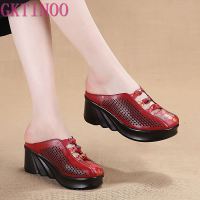 GKTINOO 2022 Fashion Cut-outs Women Shoes Slippers Summer Closed Toe Wedge Sandals Genuine Leather Lady Slides Shoes Woman