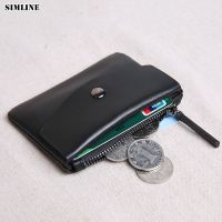 SIMLINE Genuine Leather Wallet For Men Women Short Small Slim Mini Womens Purse Card Holder Money Bag With Zipper Coin Pocket