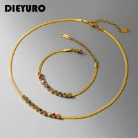 DIEYURO 316L Stainless Steel Colourful Zircon Necklace Bracelet For Women New Vintage Lady Jewelry Set Party Lovers Gift Bijoux