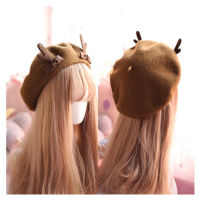 สาวขนสัตว์คริสต์มาส Antlers Beret COZY น่ารักหมวกผู้หญิง Beanie unisex ศิลปินหมวกโดมสีทึบตกแต่งขายส่ง