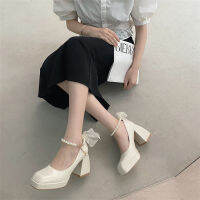 2022 Elegant ปั๊มผู้หญิงส้นรองเท้าหนัง Mary Janes Square Toe String ลูกปัดตกแต่งสุภาพสตรีรองเท้าสำนักงานสีดำสีขาว R ~