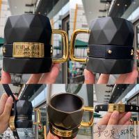 Starbuck Cup Tanabata ของขวัญวันวาเลนไทน์ Classic Black Gold Faceted Mug Fashion Cup Ring With Handle Water Cup