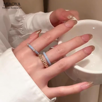 MIAOYA Fashion Jewelry Shop แหวนสองชั้นสีฟ้าสำหรับสุภาพสตรีแหวนทองแดงสำหรับของขวัญวันวาเลนไทน์คู่