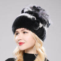 Brand Women Genuine Rex Rabbit Fur Hats Winter Rex Rabbit Fur Beanies Striped Top Flower Fox Fur Warm Real Fur Knit Caps