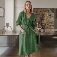 100% Cotton Womens Pajama Vintage Crepe Gauze V-Neck Roben Dress Sleepwear Elegant Green Nightdress Kimono Robe For Girls 2023