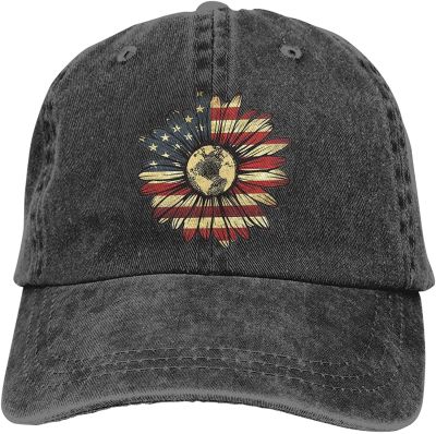 Sunflower American Flag Baseball Cowboy Cap Unisex Adult Adjustable Vintage Washed for Women Men Trucker Denim hat Outdoor Sport