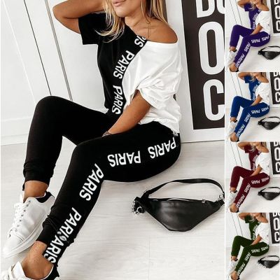 [COD] Cross-border round neck letter printing short-sleeved top European and spring new slim sports suit trousers