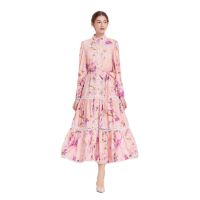 Womens Dress Long Sleeve Dress Dress Fashion Bohemian Stand-up Collar Puff Sleeve Waist Design Long Printed  Maxi Dress