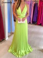 Strap V-Neck Pleated Solid Maxi Dress Backless Cross Lace Up Sleeveless Vestidos Summer Fashion Casual Holiday Dresses