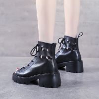 Summer New Hole Shoes Retro Leather Womens Shoes Black Waterproof Platform Lace High Heels Female Thick Heel Fish Mouth Sandals