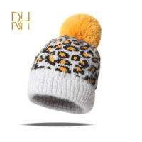 Women Winter Warm Knitted Beanie Hat Vintage Leopard Animal Print Fuffy Pompom Cuffed Skull Cap Head Cover Ear Warmer