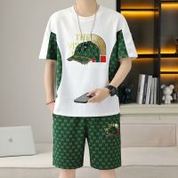 【July hot】 European goods mens casual suit summer new short-sleeved t-shirt trendy brand embroidery sports two-piece