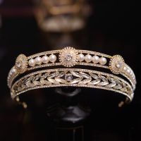 【hot】◙☒  Baroque Luxury Gold Color Pearls Bridal Tiaras Crowns Rhinestone Pageant Diadem Bride Headband Wedding Hair Accessories