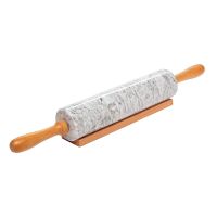 18-inch Large  Deluxe Natural Marble Stone Rolling Pin with Wood Handles &amp; Cradle  (Gray/Black) Bread  Cake Cookie Accessories