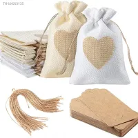 ✸◆∋ 50 Pcs Wedding Candy Drawstring Jute Bags Heart Sewing Christmas Package Pouches 10x14cm Party Gift Pocket with Tags