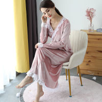 New Women Nightdress Velvet Lace Long Night Gown Sleepdress Long Sleeve Slim Fit Sleepwear Spring Elegant Nightwear Home Clothes