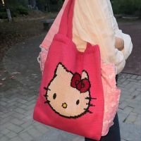 The New Cute And Childlike Wool Knitting Bag Kitty Cartoon Hand Carry One Shoulder Large Capacity Ins Handbag Tote Bag 【AUG】