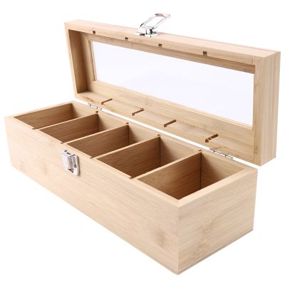 Bamboo System Tea Bag Jewelry Organizer Storage Box 5 Compartments Tea Box Organizer Wood Sugar Packet Container