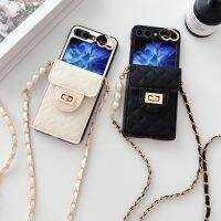 หรูหรากันกระแทกพร้อมที่ใส่บัตรเคสฝาพับสำหรับ Samsung Galaxy Z Flip 5พร้อมช่องเสียบการ์ดหนัง Samsung Z Flip5 Flip Z 5พร้อมเคสโทรศัพท์ลายลูกไม้