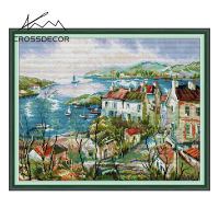 Crossdecor Cross Stitch ชุดกับวัสดุทำด้วยมือ Dmc ข้ามชุดด้าย11CT 14CT ประทับตรา Landscape DIY เย็บปักถักร้อยชุดตกแต่งสำหรับ Sala Wall-Seaside Town