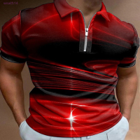 【high quality】  Polo Shirt, Short Sleeved, 3d Red Stripe Print, with Zipper, Retro Style, Suitable for Men.