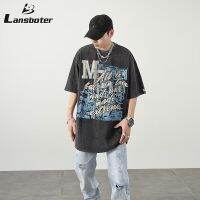 Lansboter เสื้อยืดแบบหลวมคอกลมแขนสั้นอเมริกาแบบย้อนยุคเทรนด์แฟชั่นแนวสตรีทเด็กผู้ชาย