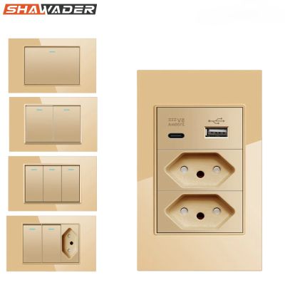 Wall Socket Brazil 20A USB Tomada&amp;Type C Power Plug Pressure Switch Tempered Gold Glass Panel Position Jack Outlet Home Office
