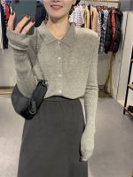 Spring and autumn gray knitted sweater imitation cashmere slimming long-sleeved top 2023 new womens polo cardigan