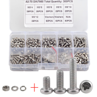 300PCS M3 304 สแตนเลส Cross Phillips หัวกลมสกรู Bolt พร้อม Nut และ Flat Washer Spring Lock Washer Assortment Kit-Zkeir