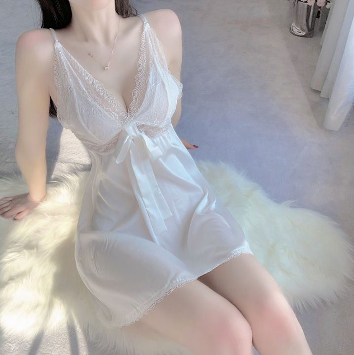 satisfclothe-ลูกไม้ชุดนอนสตรีวัสดุผ้าไหมน้ำแข็ง-สาวน่ารักชุดนอนพร้อมโบว์-ชุดนอนเซ็กซี่และสวยงาม-เนื้อผ้าดี-พร้อมส่งจากไทย-h9061