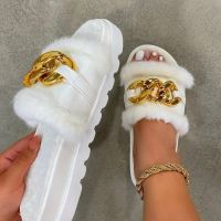 Hot sell Furry Slides For Women Big Gold Chain Plush Slippers Luxury Fluffy Flip Flops Faux Fur Slippers Sandals Ladies Fashion Fur Shoes