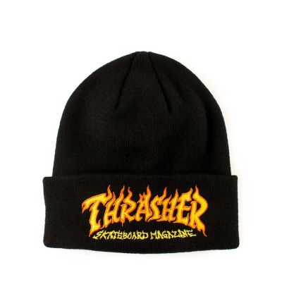 Thrasher หมวกบีนนี่ แต่งโลโก้ไฟ สีดํา