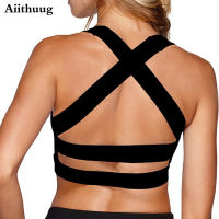 Aiithuug Criss Cross Back Yoga กีฬา s สำหรับผู้หญิง Criss-Cross Back Padded Workout Tank Tops Medium Support Crop Tops