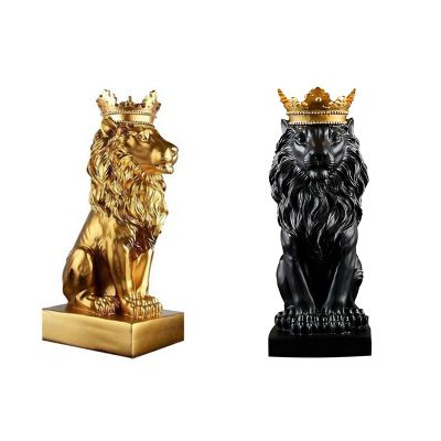 2 Pcs Crown Lion Statue Home Office Bar Male Lion Faith Resin Sculpture Crafts Animal Art Decor Ornaments, Gold &amp; Black