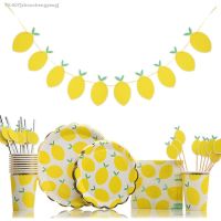 ﹉∋♘ 1set Lemon Themed Disposable Tableware Paper Straw/Cups/Banner for Lemon Themed Summer Pool Birthday Party Decorations