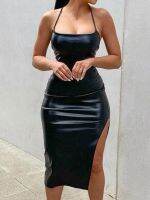 Bandage Backless Pu Leather Dress Sexy Slim Split Party Dress Clubwear Slash Neck Sleeveless Midi Dresses For Women 2023