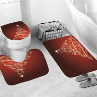 3PCS Durable Bath Mat Set Soft Absorbent Floor Rug Christmas Trees Print Toilet Lid Cover Festival Household Decoration Supplies